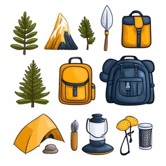 A collection of camping gear and outdoor elements including backpacks, a tent, trees, a mountain, and a lantern, ideal for adventure seekers.