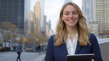 Fototapeta premium Caucasian business woman in suit smiling holding tablet at city with skyscrapers