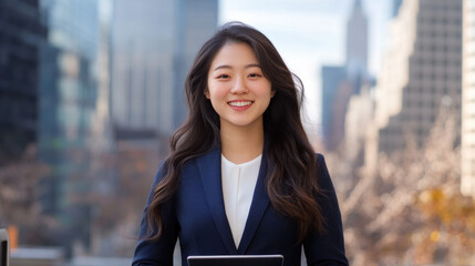 Chinese business woman in suit smiling holding tablet at city with skyscrapers