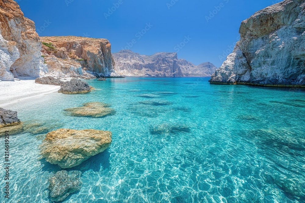 Poster a serene scene featuring a body of water with rocks in the middle, perfect for use as a background o