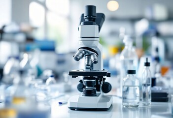 Professional microscope in modern science laboratory. Medical research equipment on blurred background with lab glassware. Healthcare and scientific study workspace