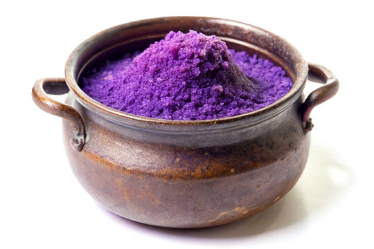 Solid potassium permanganate on a pot, isolated on white background