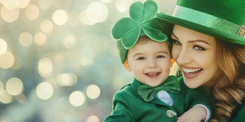 Close-up of a woman and child on the right in green suits celebrating St. Patrick's Day. Advertising banner for St. Patrick's Day. A bright and festive day.