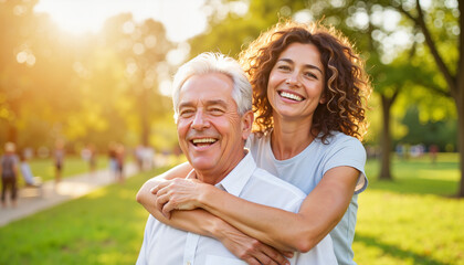 Fototapeta premium Joyful embrace between smiling adults in sunny park, connection and happiness