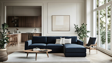 Fototapeta premium Comfortable modern living room with chic furnishings and soft lighting.