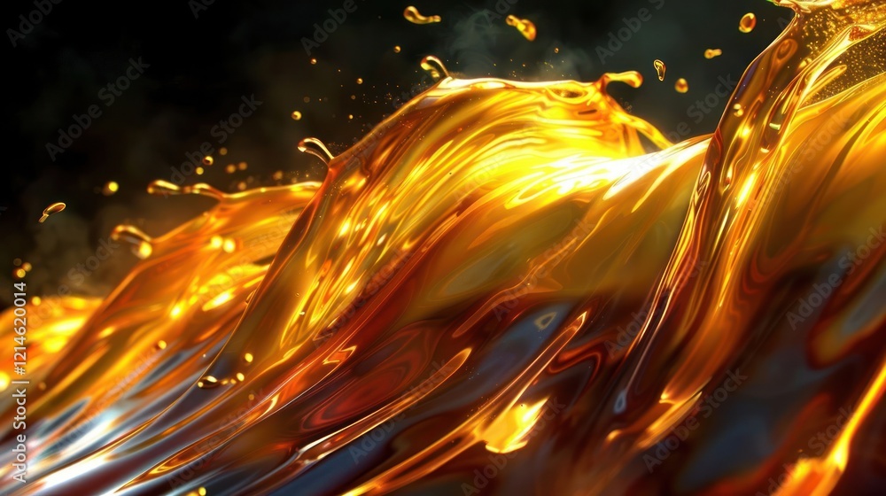 Poster golden liquid waves crashing against a dark background, creating a dynamic and mesmerizing scene