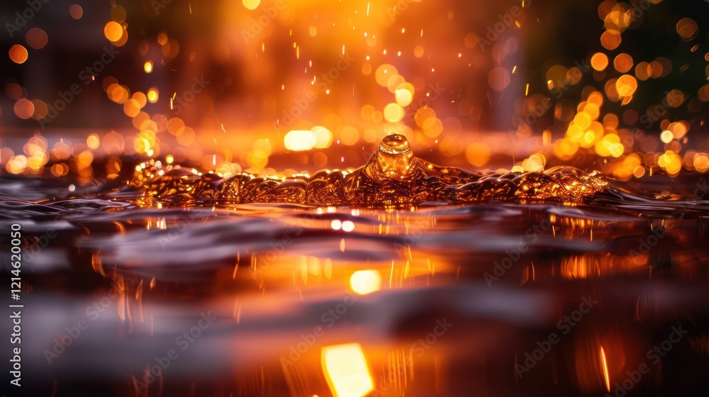 Poster close-up of water droplets splashing in warm sunset light, creating a mesmerizing visual effect
