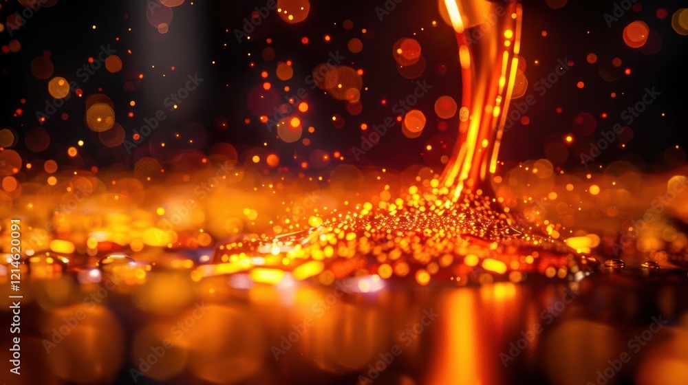 Aufkleber glowing orange liquid cascading with vibrant bokeh background, creating a mesmerizing effect