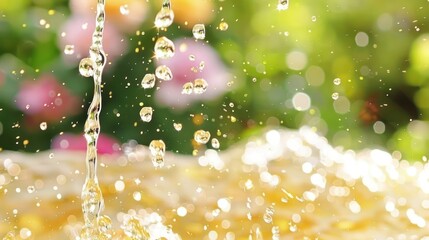 Close-up of sparkling water droplets cascading from a fountain in a vibrant garden setting