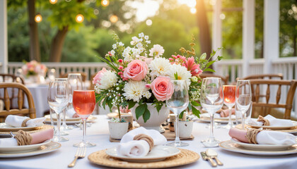 Fototapeta premium Elegant floral arrangement on dining table, festive celebration
