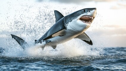 Fototapeta premium 3D render of a great white shark jumping out of the water, full body, sharp teeth, splash around its mouth, isolated on a solid color background