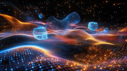 Abstract digital landscape glowing energy waves, cosmic particles, and geometric shapes. Use futuristic background