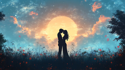 Fototapeta premium silhouette of a romantic couple holding hands both with a love heart-shaped background, Happy Valentine's Day Concept