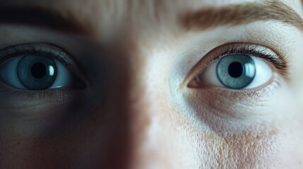 A detailed view of someone's eyes, blurred background