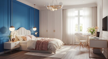 Futuristic Modern Bedroom Interior in Skyscraper - 2030 Trending Color Scheme for Business & Banners.