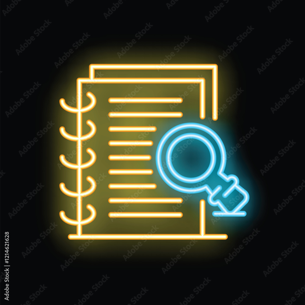 Poster neon magnifying glass resting on an open spiral notebook on a black background