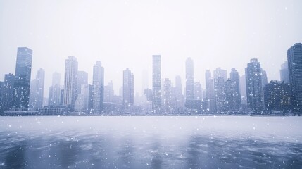 Fototapeta premium Tranquil Snowfall Over Urban Landscape - Cinematic City Skyline in Delicate Winter Flurries | Ultra-Detailed Aerial View
