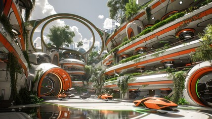 Fototapeta premium Futuristic urban landscape with sleek vehicles, greenery, and modern architecture under a bright sky