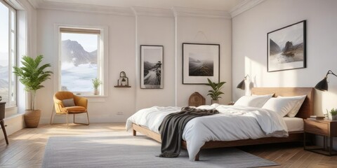Bright and airy bedroom featuring framed travel photography, bedroom, home
