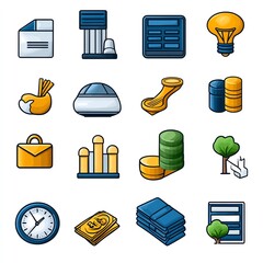 A collection of colorful icons representing business, finance, and productivity concepts, including documents, money, graphs, and lightbulbs.