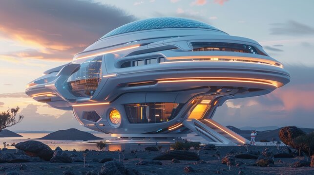 Futuristic spaceship structure on a volcanic landscape at sunset with serene water reflections