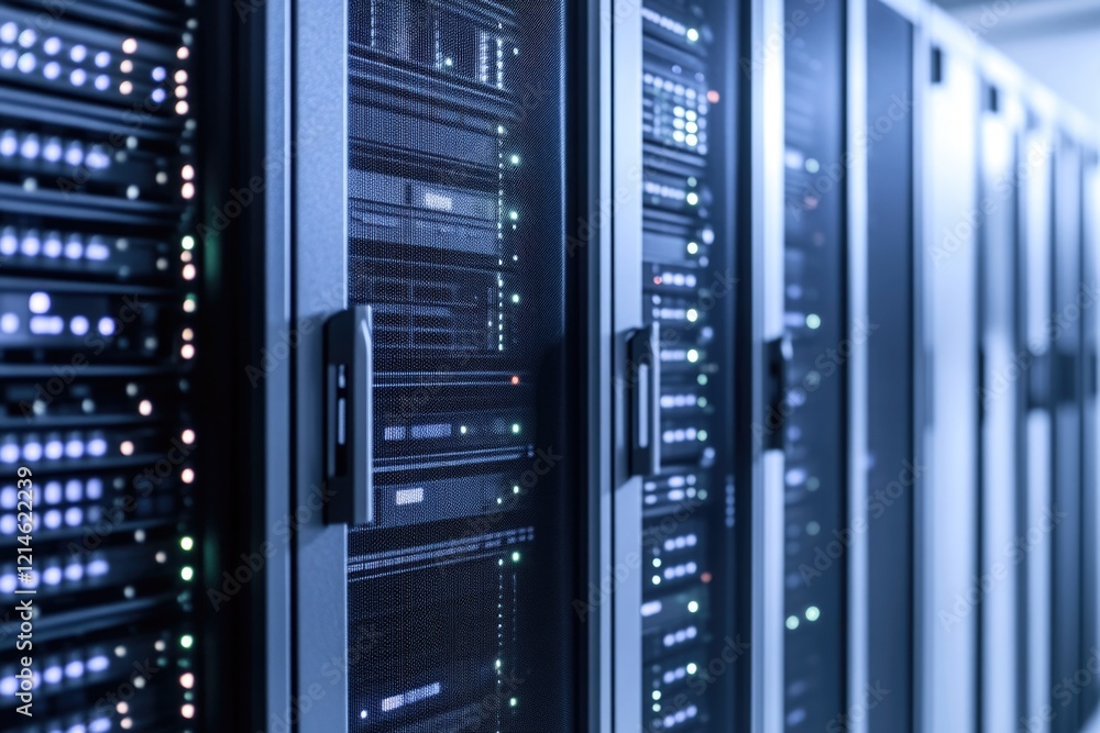 Poster row of servers in a data center, useful for it and technology concepts