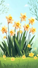 Daffodils blooming in a sunny spring meadow
