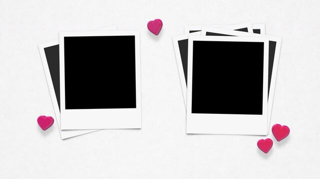 Pile Of Instant Photo Frames With Alpha And 3D Floating Hearts On Paper Background Loop