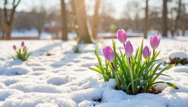 Vibrant tulips emerging through melting snow, spring awakening