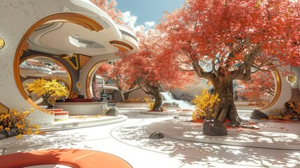 Fototapeta premium Futuristic garden with vibrant trees and modern architecture under a clear blue sky