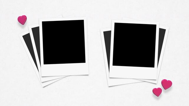Pile Of Instant Photo Frames With Alpha And 3D Floating Hearts On Paper Texture Background Loop