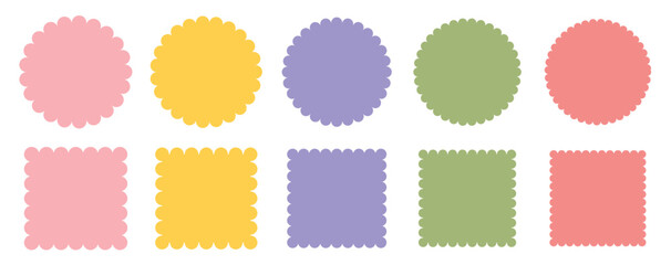 Geometric shapes with scallop and zigzag edges set. Zig zag edge circle, square shape collection.