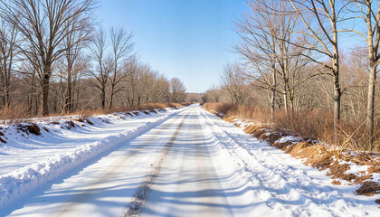 Obraz premium Snowy road under bright sun in winter landscape, seasonal change