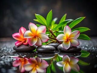 Serene Still Life: Plumeria Blossoms & Zen Stones on Wet Surface - Tilt-Shift Photography