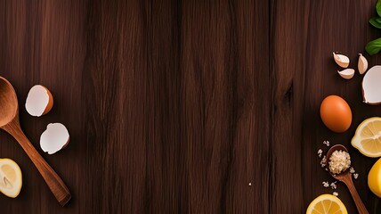 Dark wood background with kitchen items like spoons, eggs, and lemon slices. Ideal for cookware ads, recipe book covers, decor inspo. 