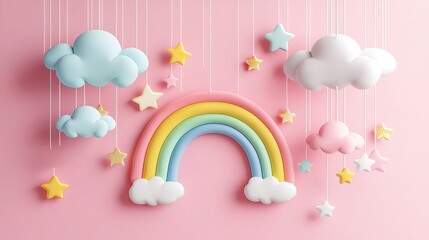 Cute rainbow and clouds pink background stylish design.