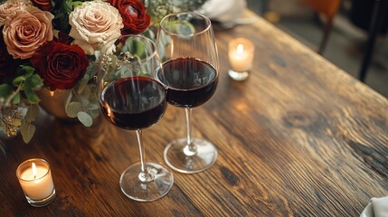 Naklejka premium Romantic dinner setup: bouquet of flowers, two glasses of red wine, and candles on a wooden table, perfect for Valentine’s Day or intimate celebrations.