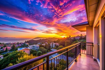 Fototapeta premium Serene Sunrise Balcony View: Breathtaking Sky Panorama at Dawn