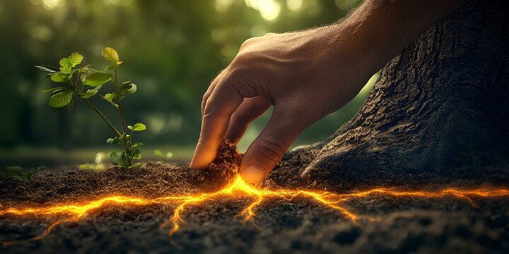 A close-up of a hand pulling out small weeds or unwanted plants near the roots of a majestic tree