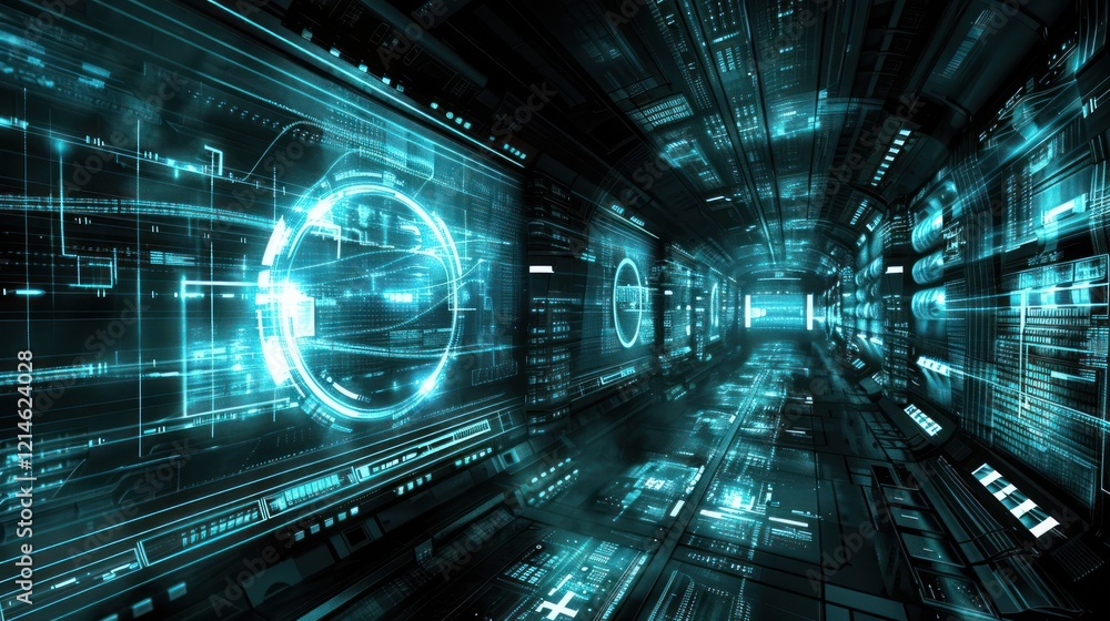 Poster futuristic digital corridor with glowing blue interfaces and data streams, showcasing advanced techn