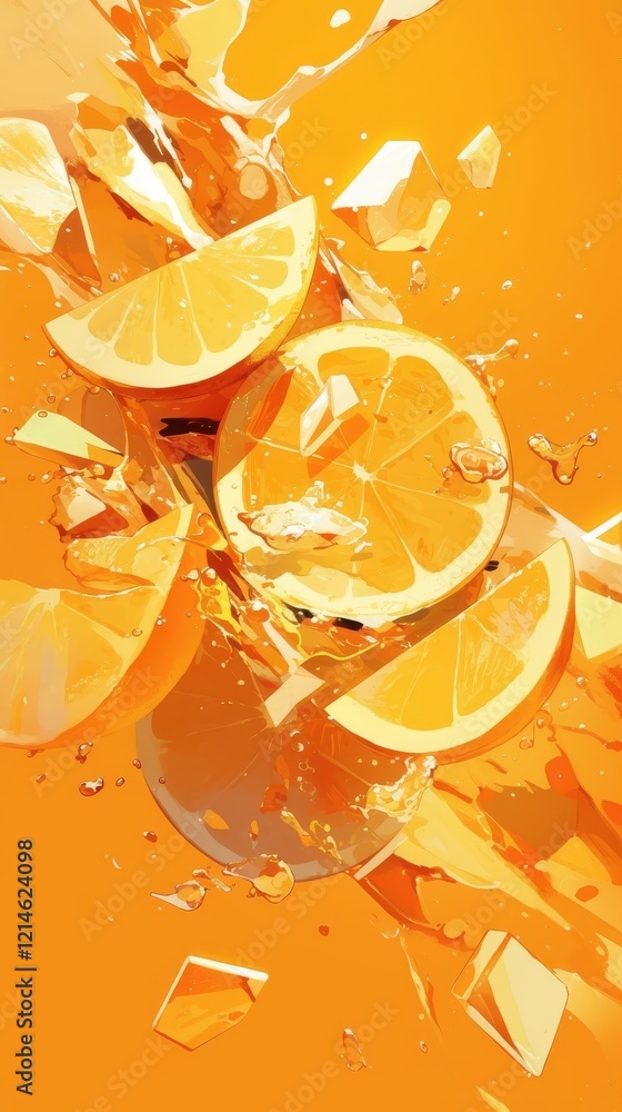 Poster orange slices splashing in refreshing juice