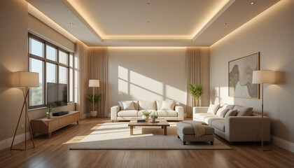 photography, minimalism, front shot with eye level, living room, the color of the space is brown, beige, and white, simple floor stand light 