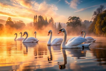 Fototapeta premium Serene Swans at Dawn: Long Exposure Lake Photography