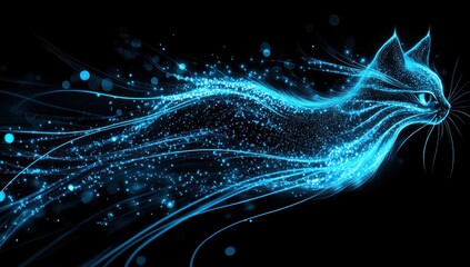 Glowing blue cat, digital art, dark background.