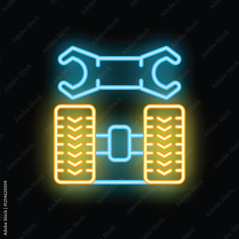 Poster neon sign illuminating a dark wall, representing a robot holding a wrench, perfect for themes like r