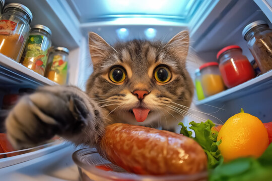 Funny tabby cat with tongue out stealing sausage from open refrigerator at night, mischievous pet face closeup with food and orange in fridge