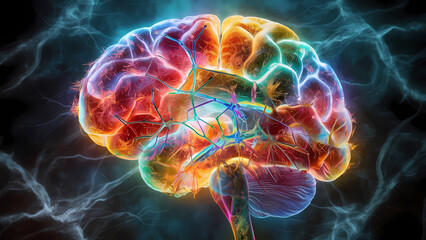 Obraz premium The Human Brain Showcases a Vibrantly Colorful Abstract Representation of Synapses Neurons and Connections - Digital Art