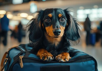 Adorable Dachshund Dog Sitting on Luggage at an Airport, Capturing the Spirit of Travel and Adventure in a Busy Terminal Environment