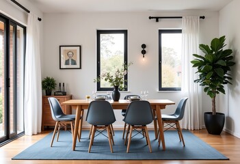 Modern Dining Space: Australian Interior, Cozy Lived-In Feel, Soft Morning Light, White Walls, Minimalist Design, Natural Touches, Comfortable, Soft Blue, Timeless, Inviting.

