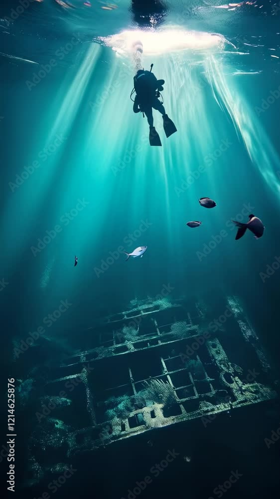 Poster Sunbeams illuminate a scuba diver exploring a mysterious, decaying shipwreck deep underwater, surrounded by marine life, creating a captivating scene of underwater exploration and discovery